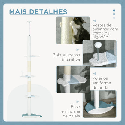 PawHut Arranhador para Gatos de 255 cm Torre para Gatos do Chão do Teto com Altura Ajustável 3 Plataformas em Forma de Onda Postes de Arranhar e 1 Bola 55x38x225-255 cm Branco