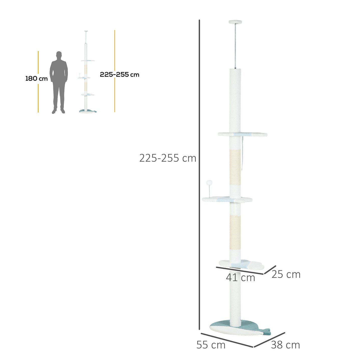 PawHut Arranhador para Gatos de 255 cm Torre para Gatos do Chão do Teto com Altura Ajustável 3 Plataformas em Forma de Onda Postes de Arranhar e 1 Bola 55x38x225-255 cm Branco