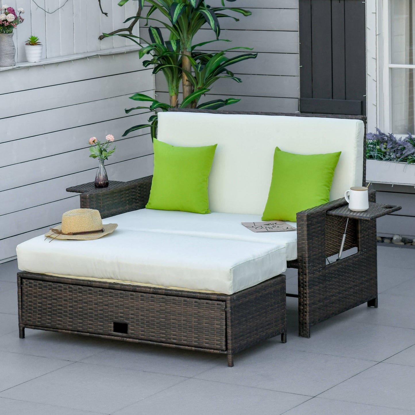 Outsunny Sofá de Vime de 2 Lugares com Mesas Laterais e Apoio para os Pés com Armazenamento Sofá de Jardim com Encosto Inclinável e Almofadas com Capas Removíveis 130x72x96cm Marrom e Bege