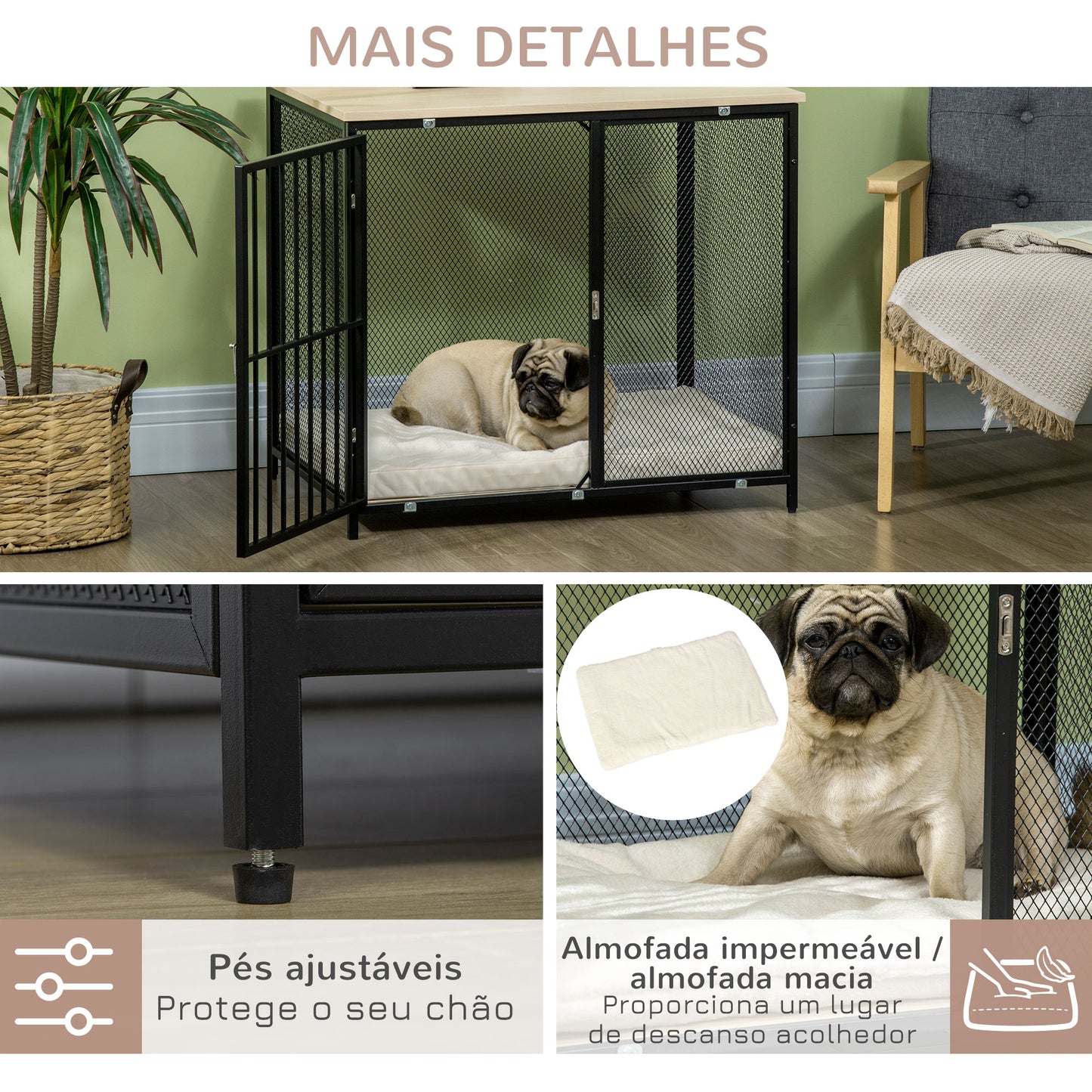 PawHut Gaiola para Cães com Bancada Mesa Auxiliar Gaiola para Cães com Porta Fechadura Almofada de Tecido Oxford Lavável e Grades de Aço para Interior 80x55x71cm Carvalho e Preto