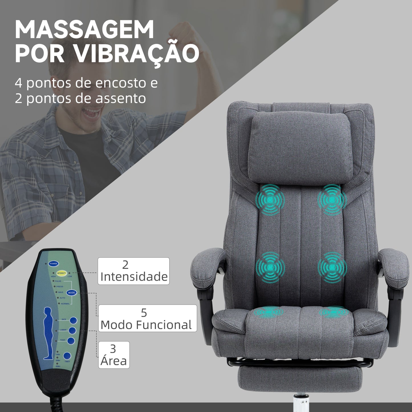 Vinsetto Cadeira de Escritório com 6 Pontos de Massagem por Vibração Cadeira de Escritório Reclinável com Altura Ajustável Controlo Remoto Encosto Alto e Apoio para a Cabeça 65x61x101-113 cm Cinza