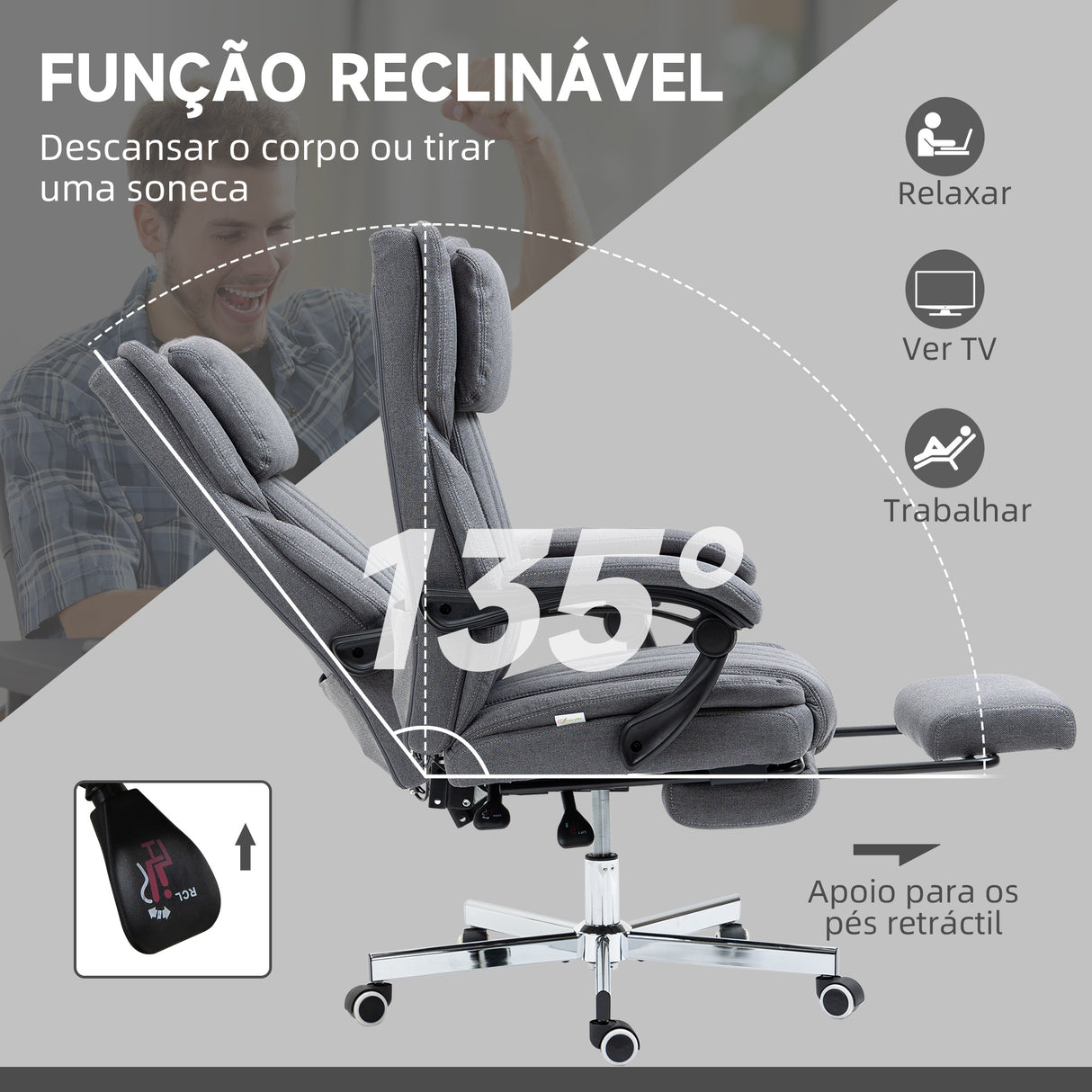 Vinsetto Cadeira de Escritório com 6 Pontos de Massagem por Vibração Cadeira de Escritório Reclinável com Altura Ajustável Controlo Remoto Encosto Alto e Apoio para a Cabeça 65x61x101-113 cm Cinza