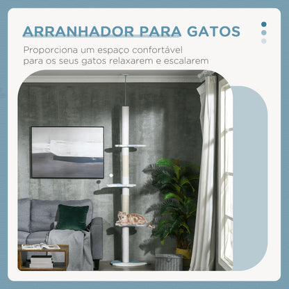 PawHut Arranhador para Gatos de 255 cm Torre para Gatos do Chão do Teto com Altura Ajustável 3 Plataformas em Forma de Onda Postes de Arranhar e 1 Bola 55x38x225-255 cm Branco