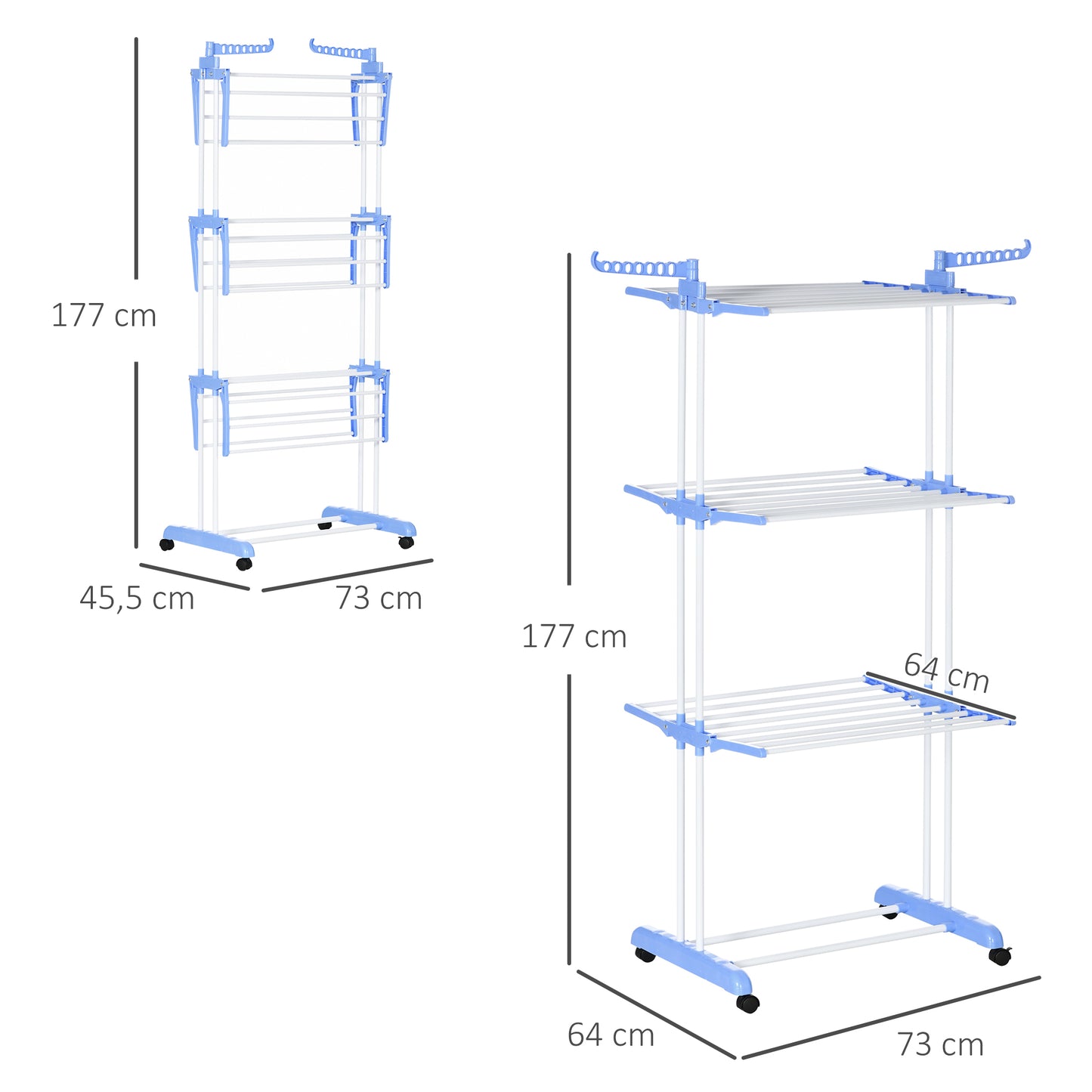 Estendal Dobrável para Roupa com Rodas Estendal Vertical de Aço com 3 Níveis Laterais Dobráveis Carga Máxima 70kg 73x64x177cm Azul e Branco