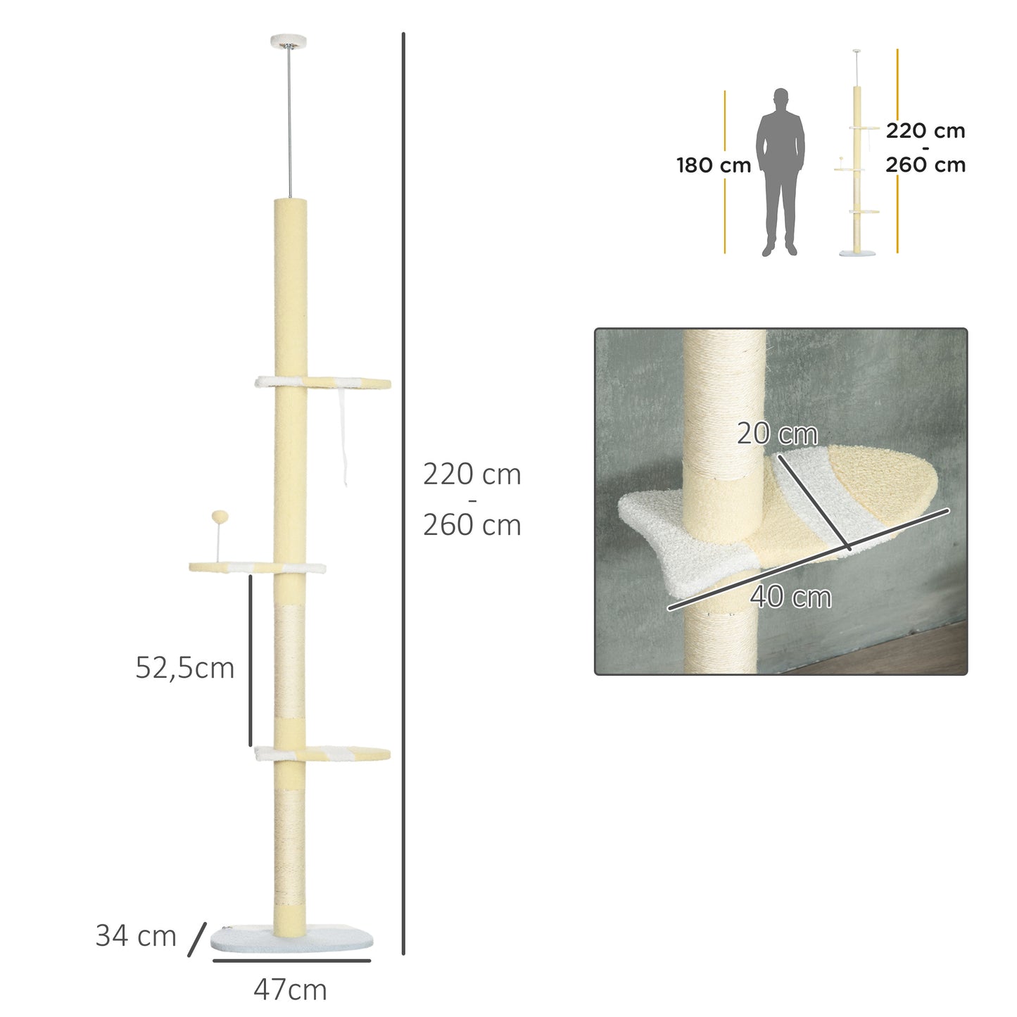 PawHut Árvore para Gatos do Chão ao Teto 220-260cm Altura Ajustável Torre para Gatos com 3 Plataformas Poste de Sisal e Bola para Brincar 47x34x220-260cm Creme