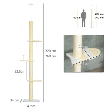 PawHut Árvore para Gatos do Chão ao Teto 220-260cm Altura Ajustável Torre para Gatos com 3 Plataformas Poste de Sisal e Bola para Brincar 47x34x220-260cm Creme