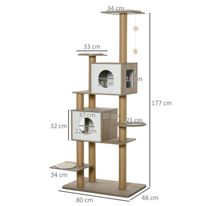 PawHut Árvore Arranhador Árvore de escalada para gatos Altura de 177 cm com Plataformas Cavernas Almofada macia brinquedo de suspensão Postes de juta Branco e cinza claro