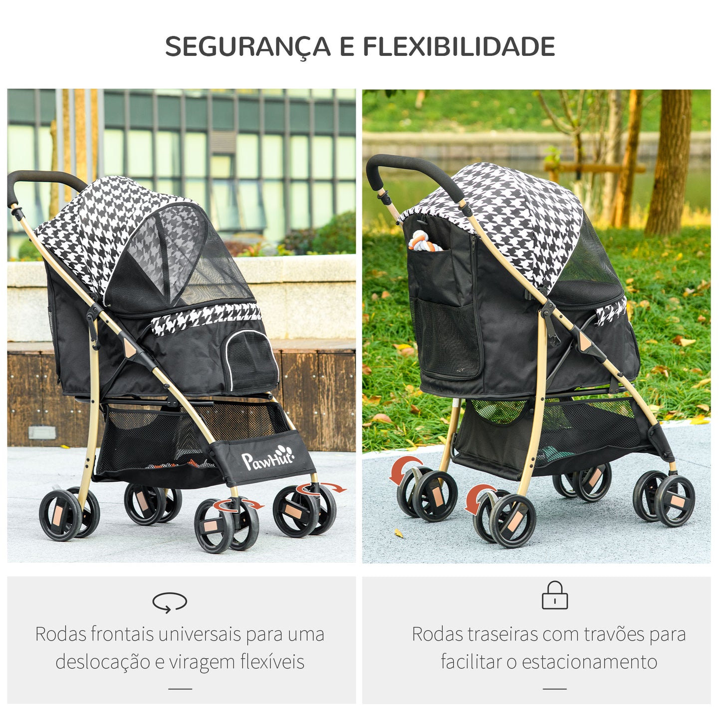 PawHut Carrinho para Cães Carrinho para Animais de Estimação com 2 Entradas Janela de Malha Cesta de Armazenamento Cinto de Segurança e Almofada 80x44,5x97 cm Preto