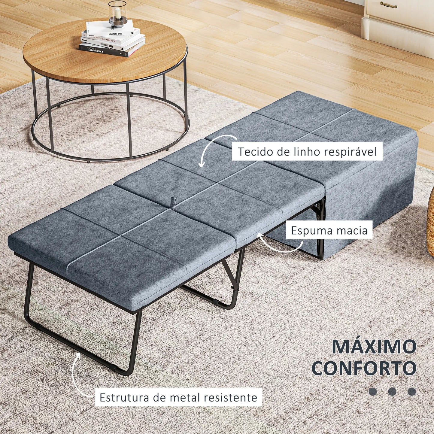 Cama Dobrável "Açores" com Capa de Proteção - Cinza - 180x68 cm - Metal e Espuma - Design Versátil