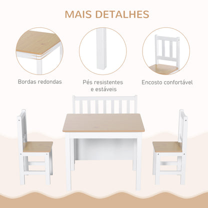 Conjunto Infantil de Mesa 2 Cadeiras e Banco com Armazenamento Móveis Infantil para Sala de Jogos Dormitório Branco e Natural