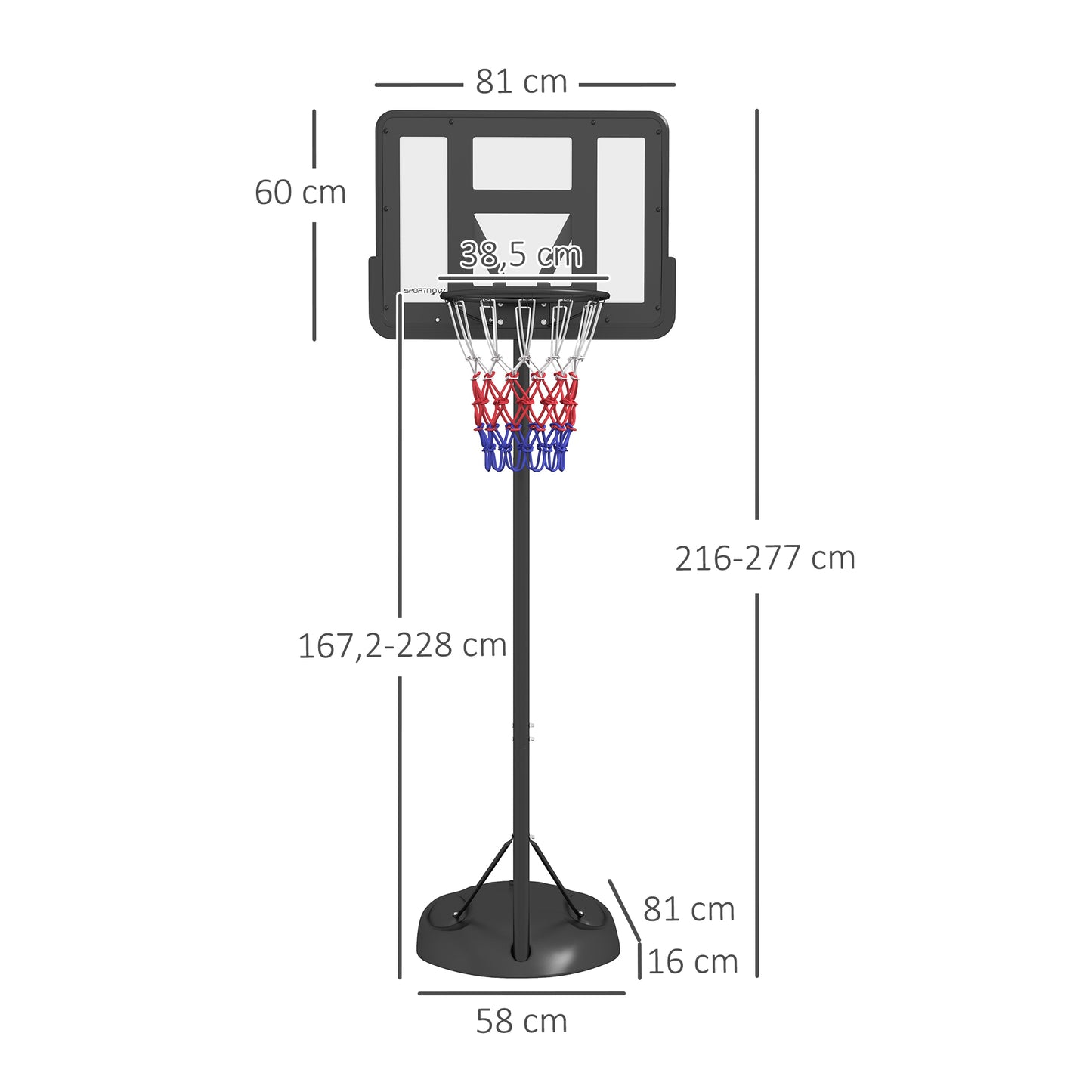 SPORTNOW Tabela de Basquetebol com Altura Ajustável 216-277 cm Aro de Basquetebol para Exterior com Rodas e Base Recarregável para Adolescentes Preto