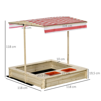 Outsunny Caixa de Areia Infantil de Madeira com Teto Inclinável Ajustável em Altura e 2 Bandejas Auxiliares Caixa de Areia de Jardim para Crianças acima de 3 Anos 118x118x118cm Natural e Vermelho