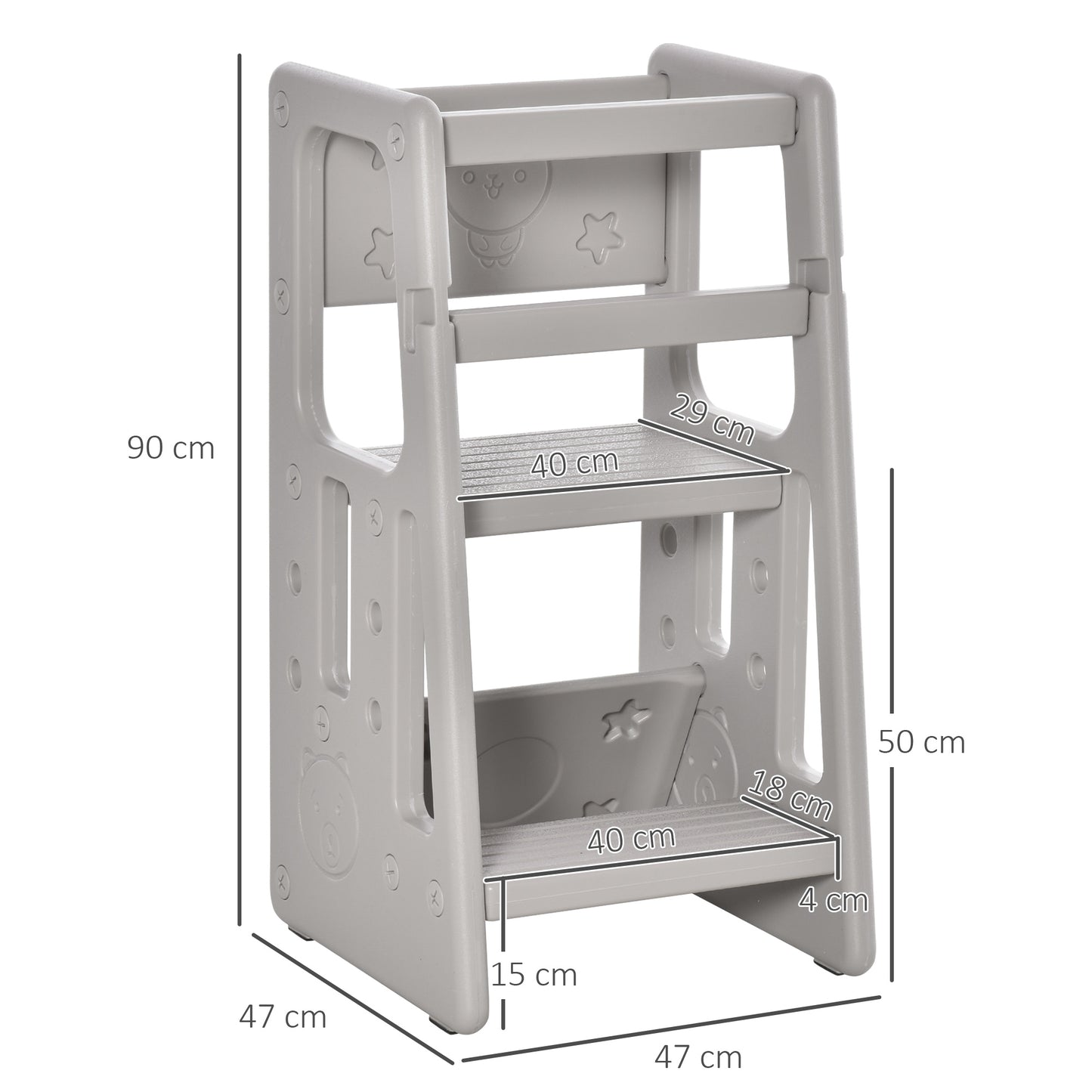 HOMCOM Torre de Aprendizagem para Crianças Banco Infantil com Altura Ajustável em 3 Posições e Plataforma Antiderrapante para Cozinha Sala de Jantar Casa de Banho 47x47x90cm Cinza