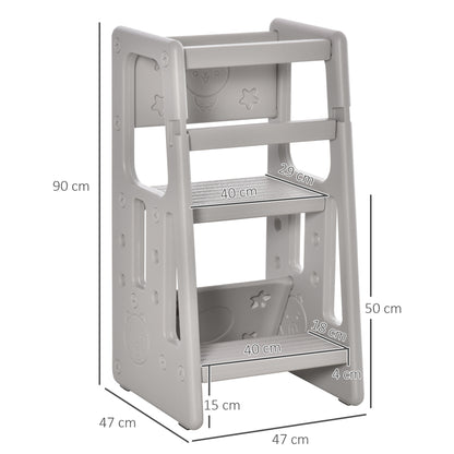 HOMCOM Torre de Aprendizagem para Crianças Banco Infantil com Altura Ajustável em 3 Posições e Plataforma Antiderrapante para Cozinha Sala de Jantar Casa de Banho 47x47x90cm Cinza