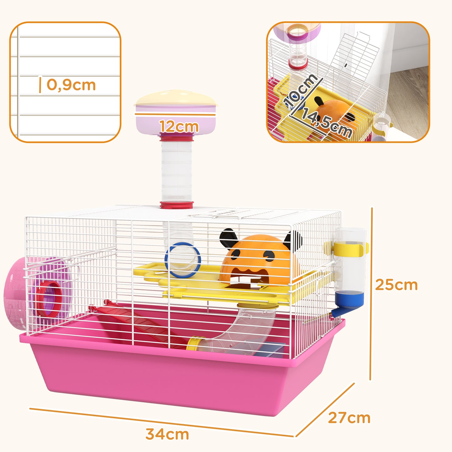 PawHut Gaiola para Hamsters Gaiola para Animais Pequenos com Comedouro Bebedouro Roda de Exercício Torre de Observação e Casinha 34x27x25 cm Multicolor