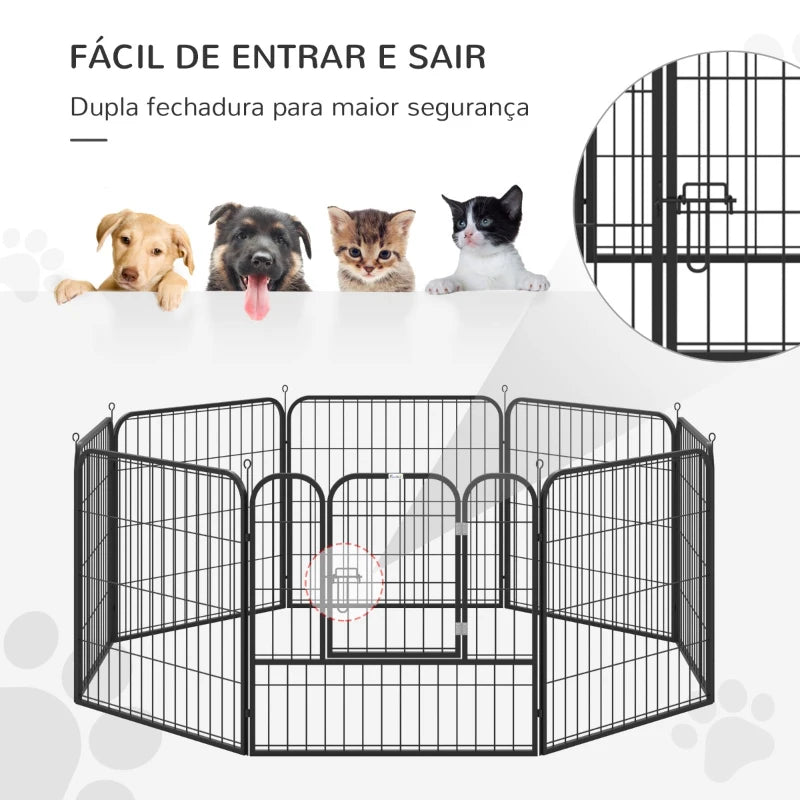 Parque para animais de estimação com 8 Varas Dobrável com Porta e Dupla Trava 79x79cm Preto