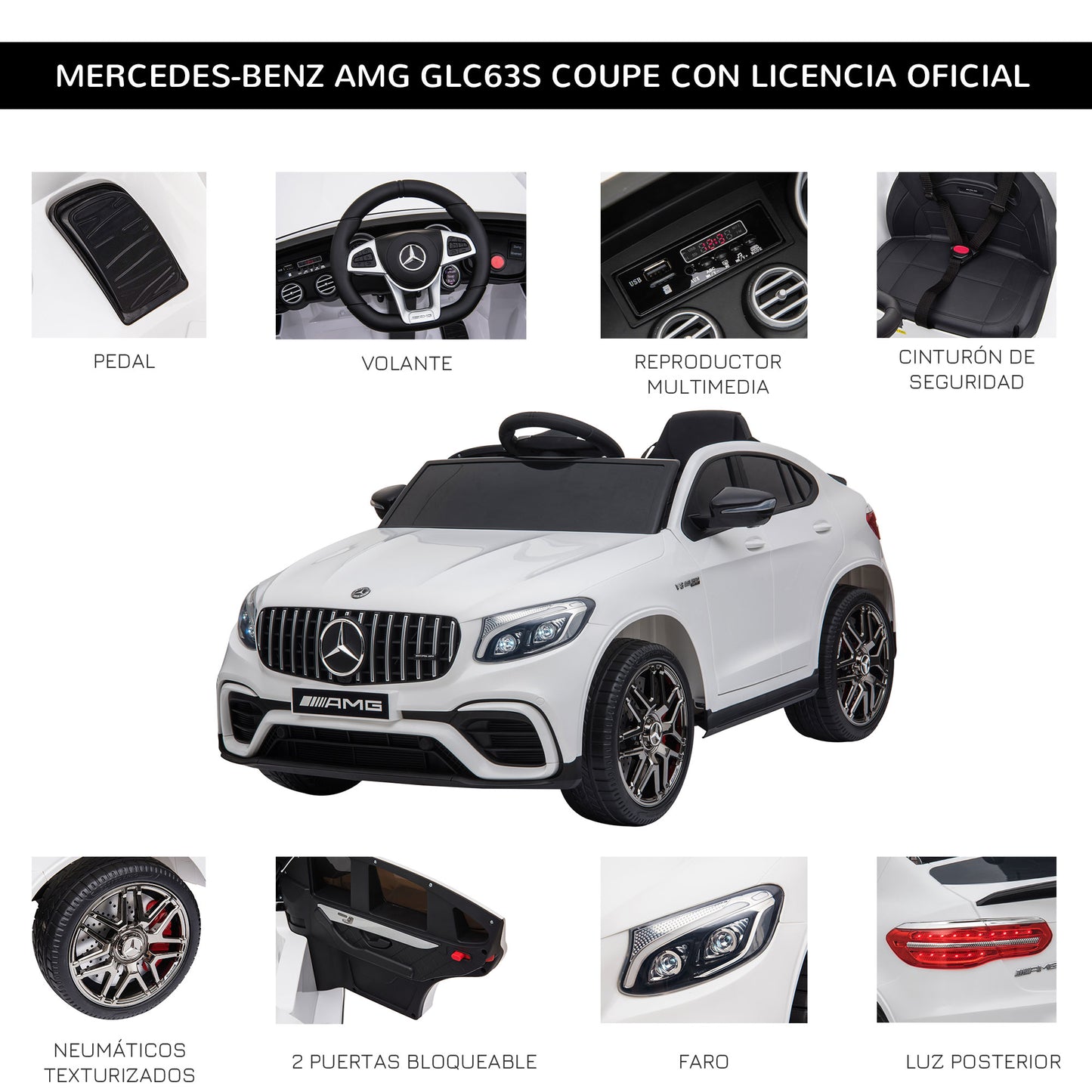 HOMCOM Carro Elétrico Mercedes AMG 12V para Crianças acima de 3 Anos com Controle Remoto Música Luzes Abertura da Porta 115x70x55cm Branco