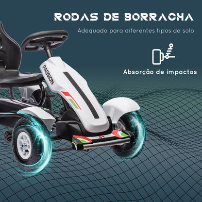 HOMCOM Kart a Pedais para Crianças Kart a Pedais Infantil com Assento Ajustável Pneus de Goma Travão de Mão para Crianças de 5-12 Anos Carga Máxima 50 kg 121x58x61 cm Branco