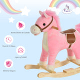 HOMCOM Cavalo de balanço para crianças acima de 36 meses Brinquedo de balanço macio com música Sons relinchos de galope Boca e cauda móveis 65x32,5x61 cm Rosa