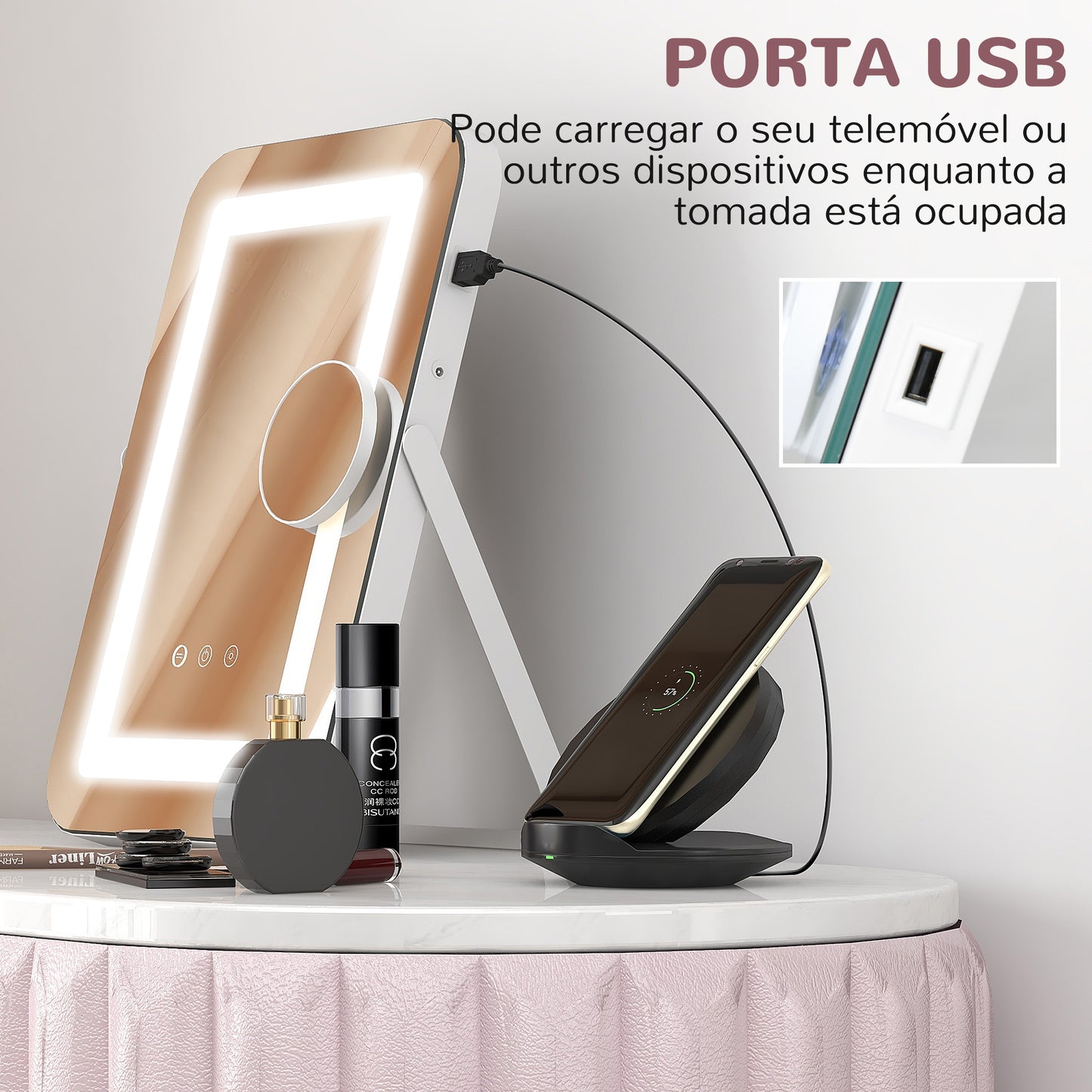 HOMCOM Espelho de Maquilhagem com Luzes Espelho de Toucador Giratório 30x40 cm com 3 Modos de Iluminação Ajustáveis Interruptor Tátil Espelho com Entrada USB Branco