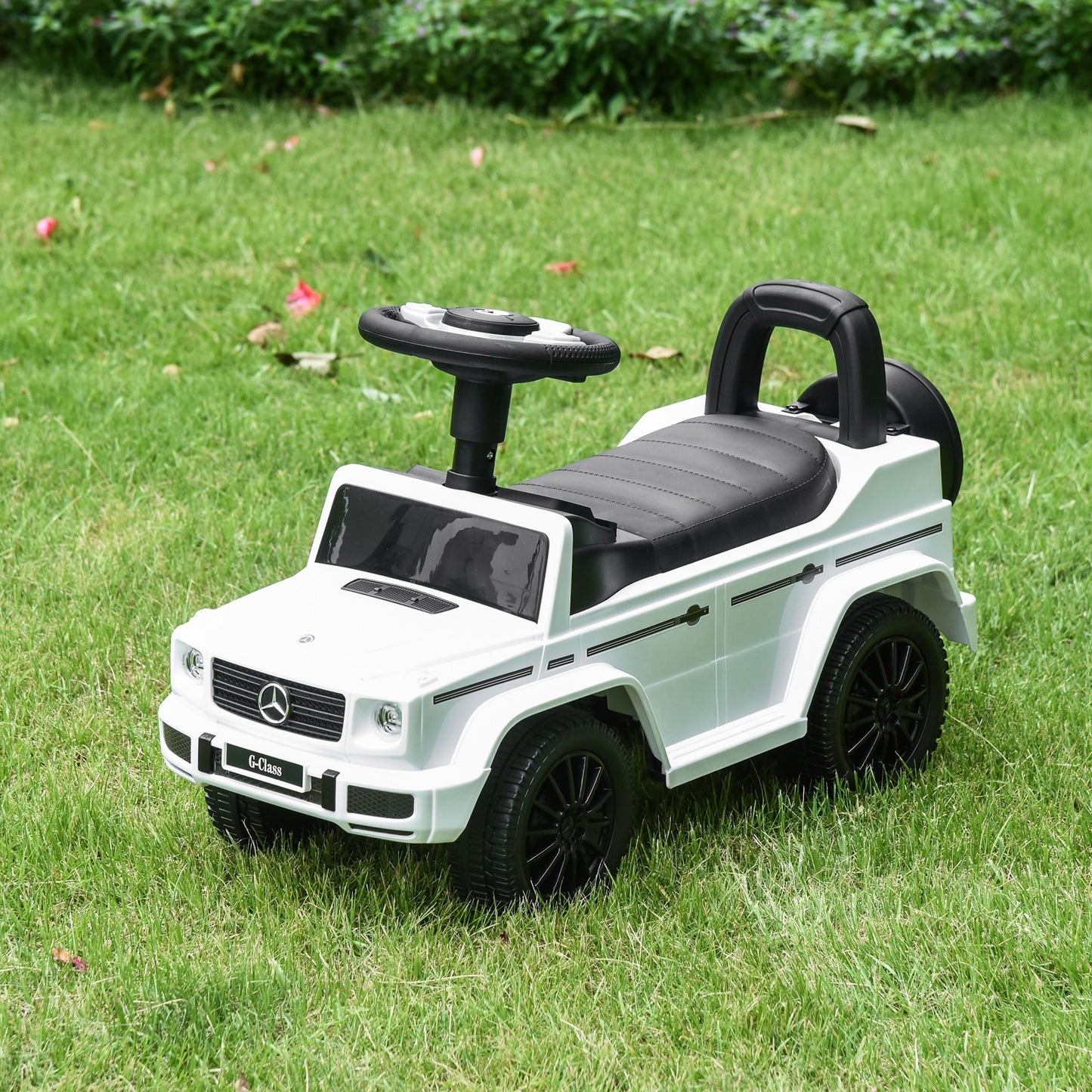 HOMCOM Carro Andador para Bebés de 12 a 36 Meses Carro Andador com Licença Mercedes G350 com Compartimento de Arrumação e Volante Carga 25 kg 62,5x28,5x45 cm Branco