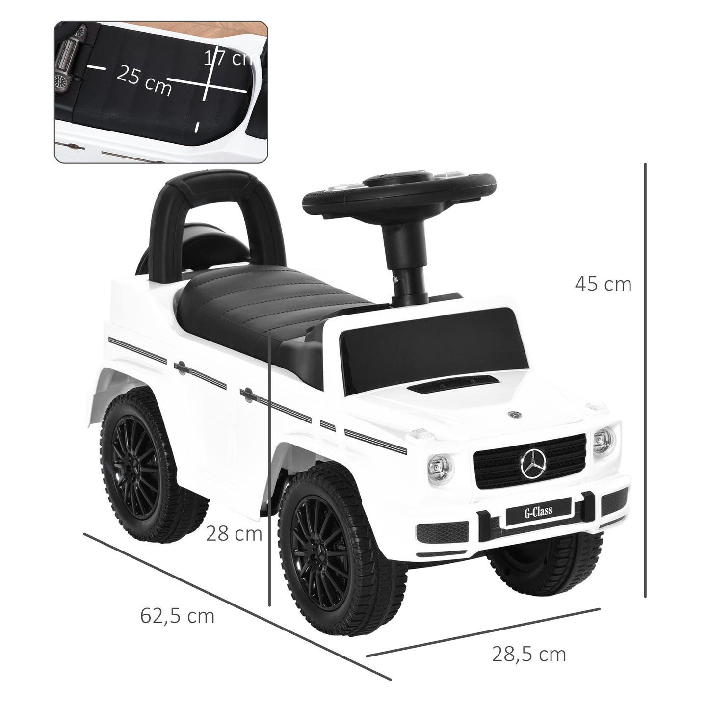 HOMCOM Carro Andador para Bebés de 12 a 36 Meses Carro Andador com Licença Mercedes G350 com Compartimento de Arrumação e Volante Carga 25 kg 62,5x28,5x45 cm Branco