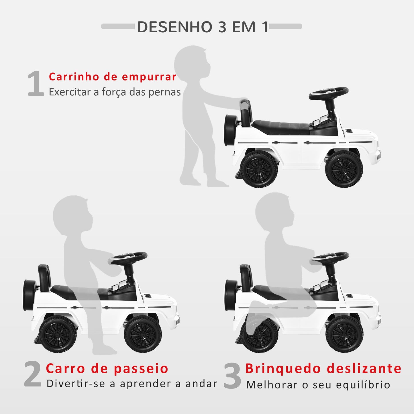 HOMCOM Carro Andador para Bebés de 12 a 36 Meses Carro Andador com Licença Mercedes G350 com Compartimento de Arrumação e Volante Carga 25 kg 62,5x28,5x45 cm Branco