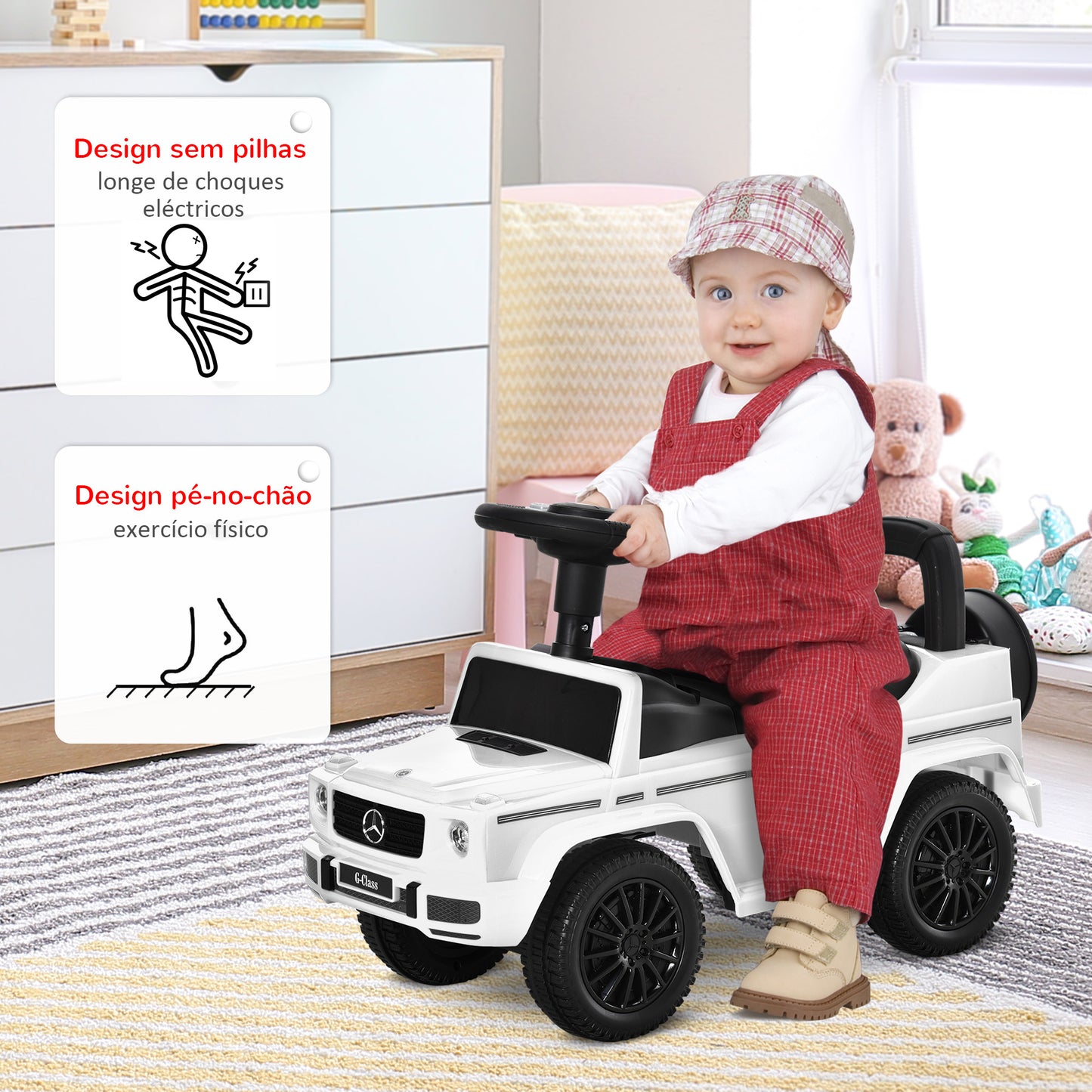 HOMCOM Carro Andador para Bebés de 12 a 36 Meses Carro Andador com Licença Mercedes G350 com Compartimento de Arrumação e Volante Carga 25 kg 62,5x28,5x45 cm Branco