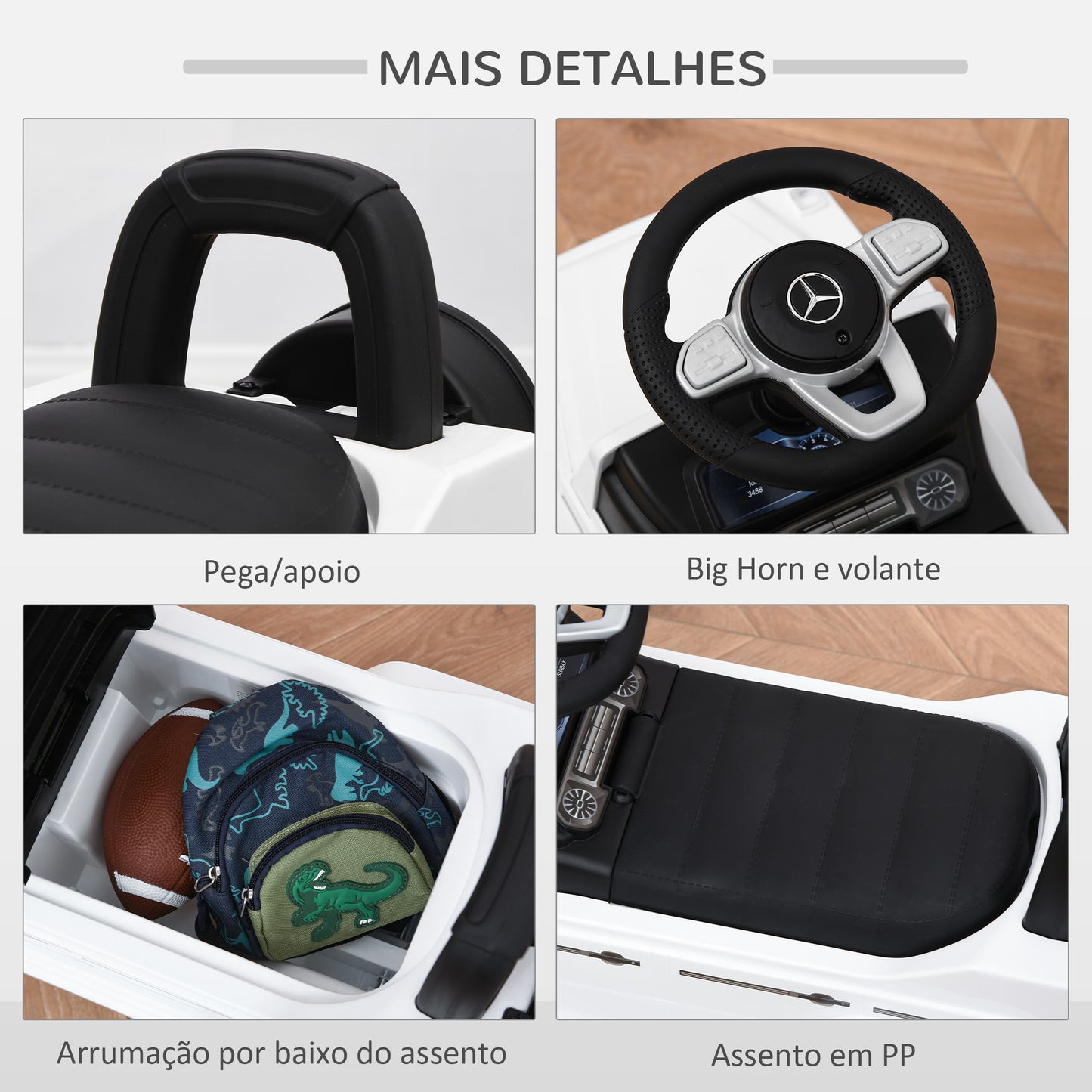 HOMCOM Carro Andador para Bebés de 12 a 36 Meses Carro Andador com Licença Mercedes G350 com Compartimento de Arrumação e Volante Carga 25 kg 62,5x28,5x45 cm Branco