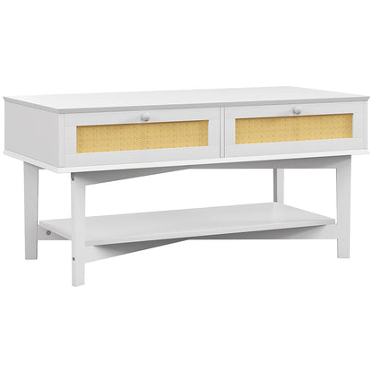 HOMCOM Mesa de Centro com 2 Gavetas Decorativas de Vime e Prateleira de Armazenamento Inferior para Sala de Estar Escritório Carga 50 kg 100x50x50 cm Branco