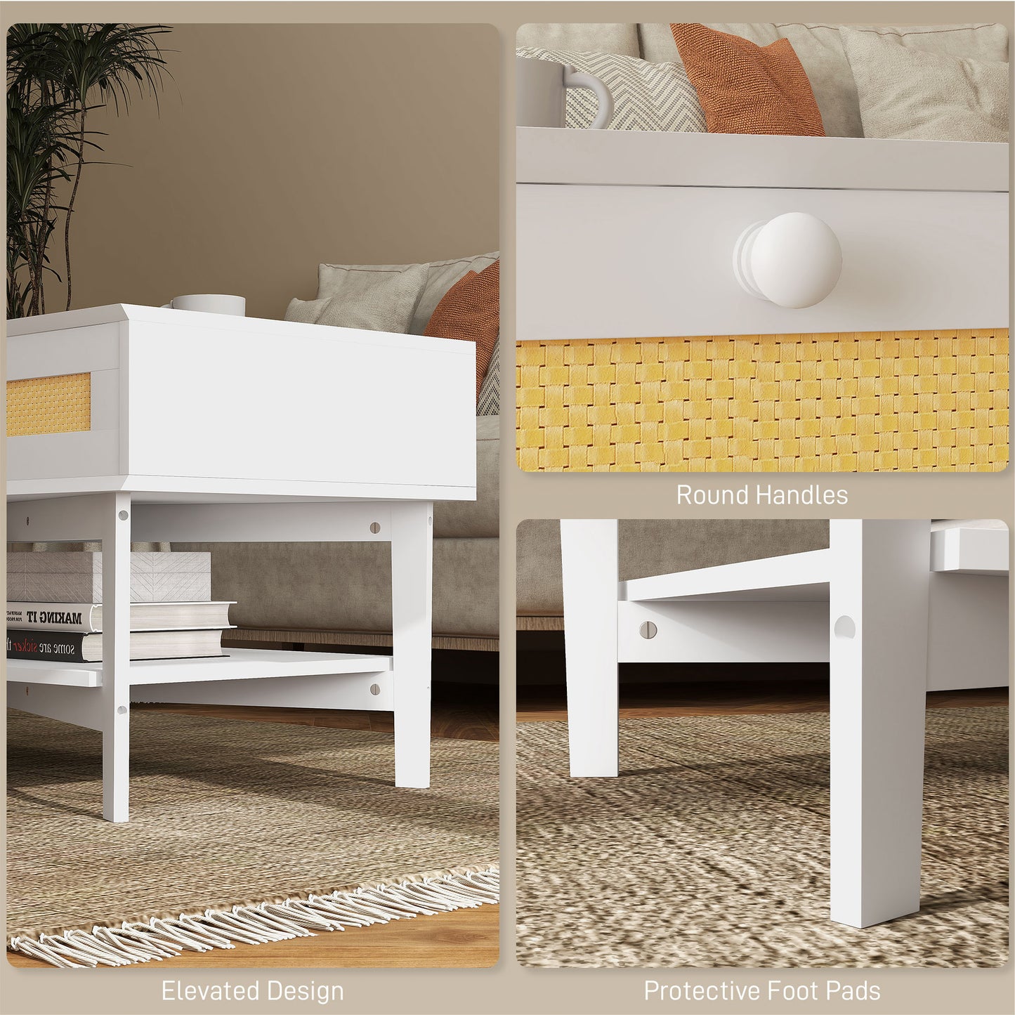 HOMCOM Mesa de Centro com 2 Gavetas Decorativas de Vime e Prateleira de Armazenamento Inferior para Sala de Estar Escritório Carga 50 kg 100x50x50 cm Branco