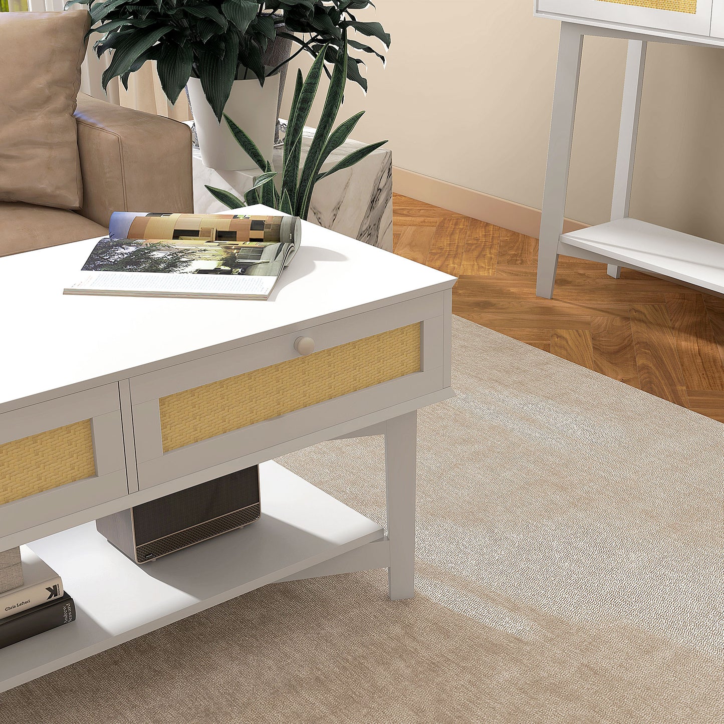 HOMCOM Mesa de Centro com 2 Gavetas Decorativas de Vime e Prateleira de Armazenamento Inferior para Sala de Estar Escritório Carga 50 kg 100x50x50 cm Branco