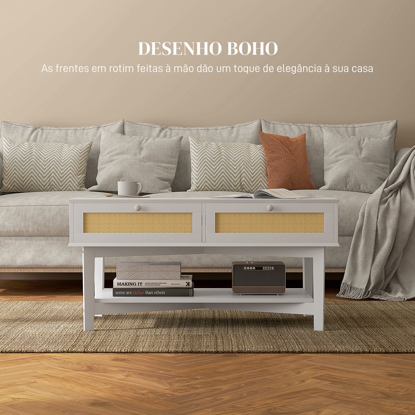 HOMCOM Mesa de Centro com 2 Gavetas Decorativas de Vime e Prateleira de Armazenamento Inferior para Sala de Estar Escritório Carga 50 kg 100x50x50 cm Branco