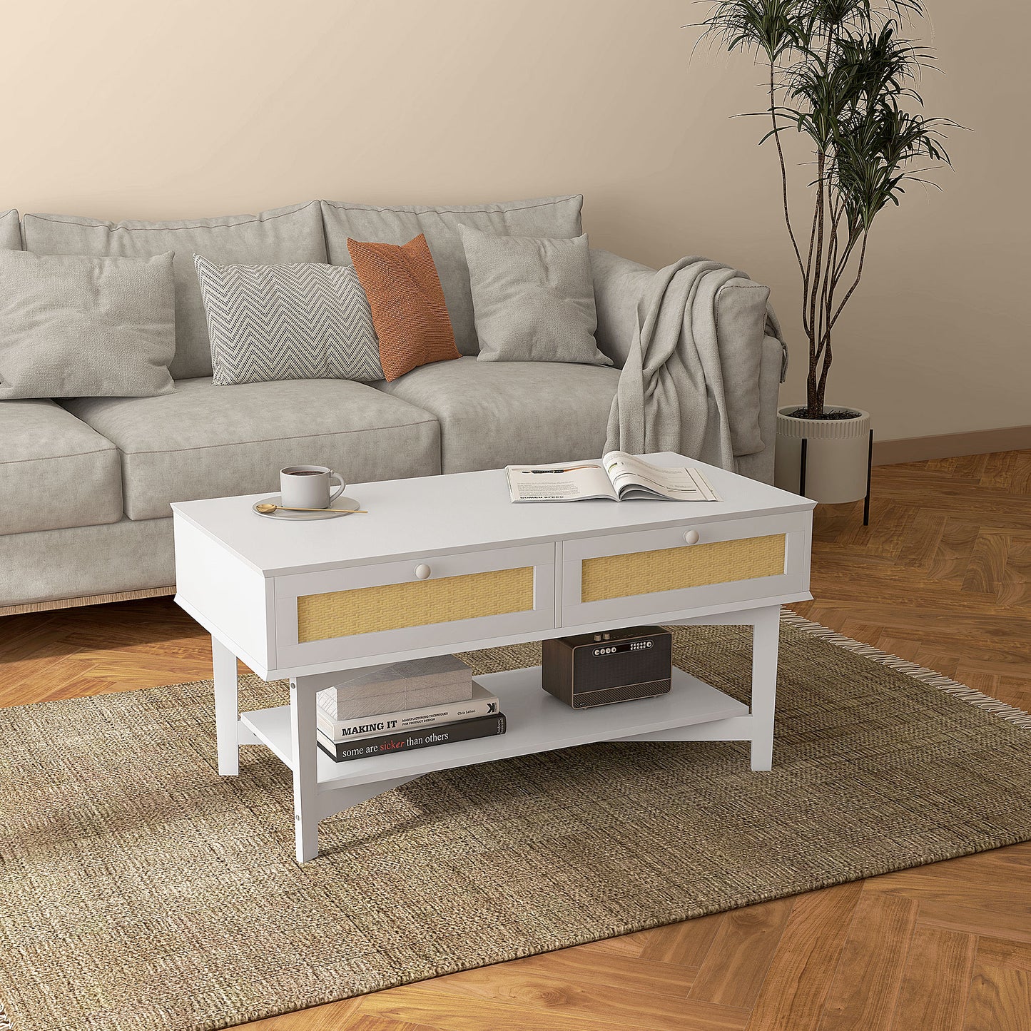 HOMCOM Mesa de Centro com 2 Gavetas Decorativas de Vime e Prateleira de Armazenamento Inferior para Sala de Estar Escritório Carga 50 kg 100x50x50 cm Branco