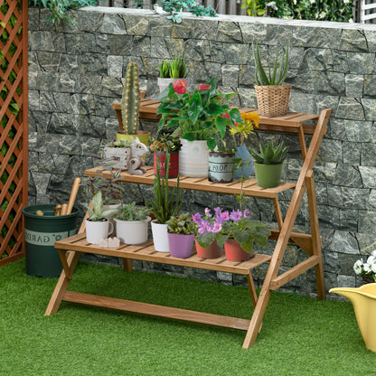 Outsunny Suporte de Madeira para Plantas em Forma de Escada com 3 Prateleiras Dobrável Suporte de Vasos de Plantas para Decoração de Interiores e Exteriores 101x83x88cm Marrom