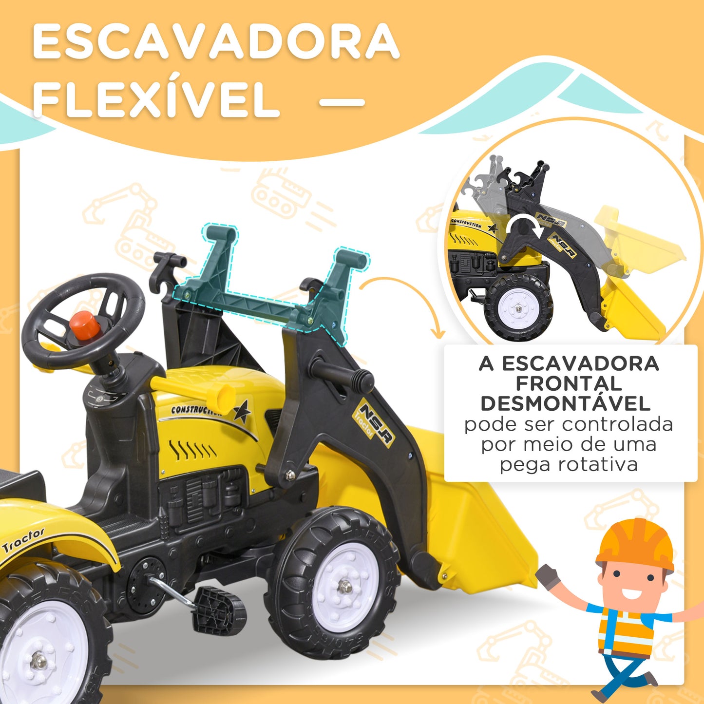 Trator a Pedais para Crianças acima de 3 Anos Trator Infantil com Reboque e Pá Escavadora Carga Máxima 35 kg 167x41x52 cm Amarelo e Preto