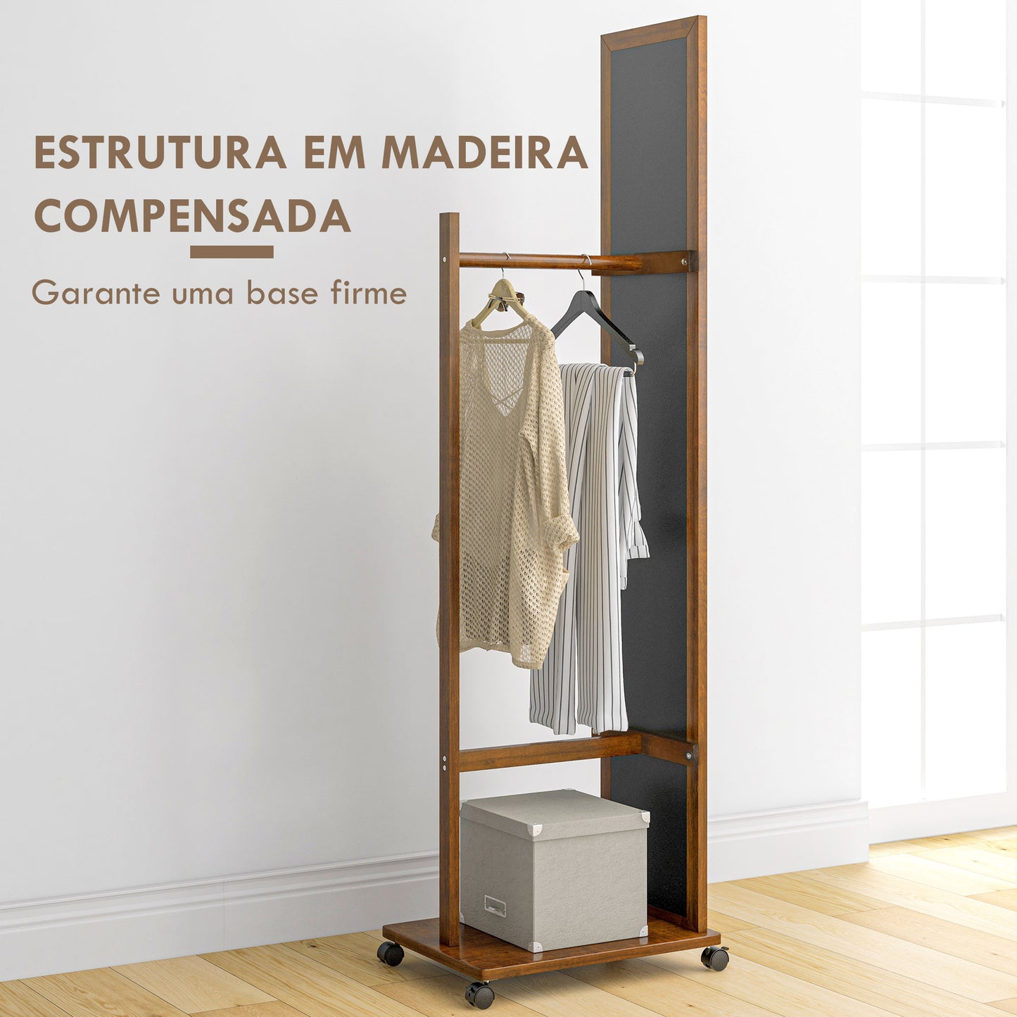 HOMCOM Espelho de Pé com Rodas Espelho de Corpo Inteiro com Barra para Pendurar Roupa e Prateleira Inferior para Dormitório Sala de Estar Corredor 35,5x49,5x167,8 cm Nogueira