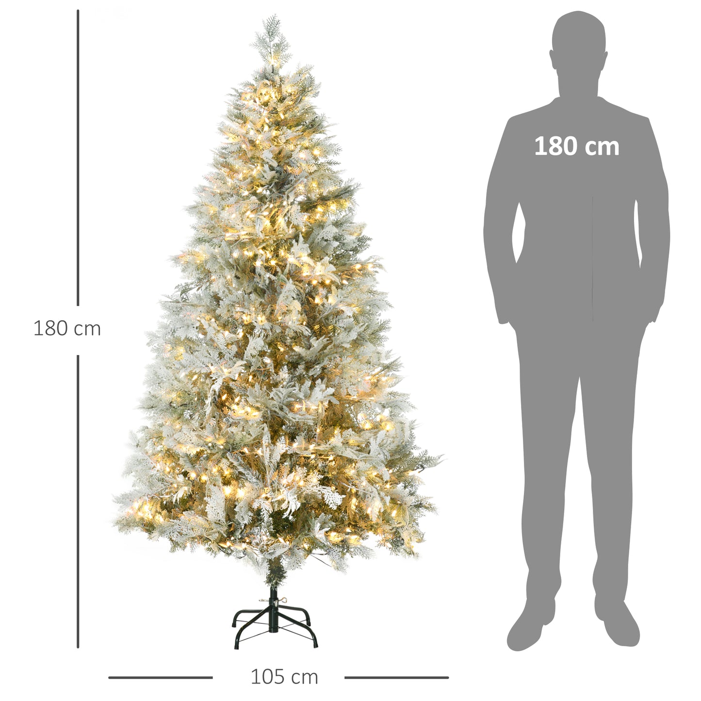 HOMCOM Árvore de Natal Artificial 180 cm com 300 Luzes LED Brancas Quente Árvore de Natal Nevada com 577 Ramos e Base Dobrável Decoração de Natal para Interior Verde