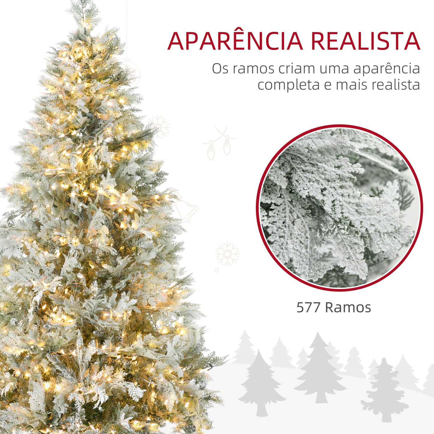 HOMCOM Árvore de Natal Artificial 180 cm com 300 Luzes LED Brancas Quente Árvore de Natal Nevada com 577 Ramos e Base Dobrável Decoração de Natal para Interior Verde