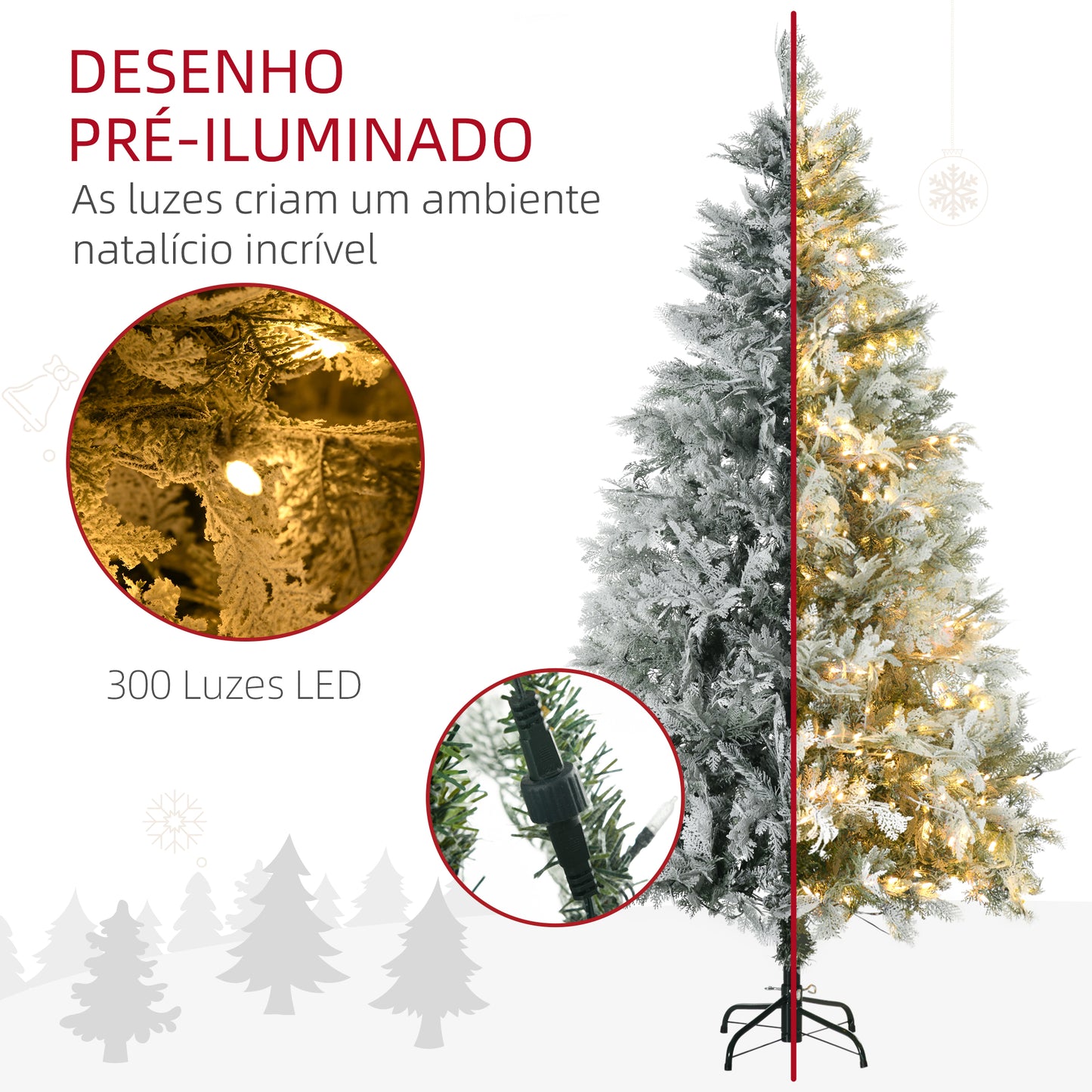 HOMCOM Árvore de Natal Artificial 180 cm com 300 Luzes LED Brancas Quente Árvore de Natal Nevada com 577 Ramos e Base Dobrável Decoração de Natal para Interior Verde