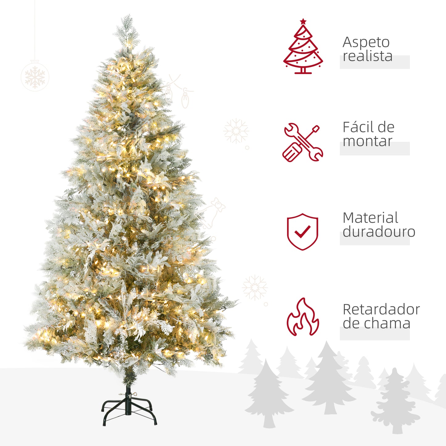 HOMCOM Árvore de Natal Artificial 180 cm com 300 Luzes LED Brancas Quente Árvore de Natal Nevada com 577 Ramos e Base Dobrável Decoração de Natal para Interior Verde