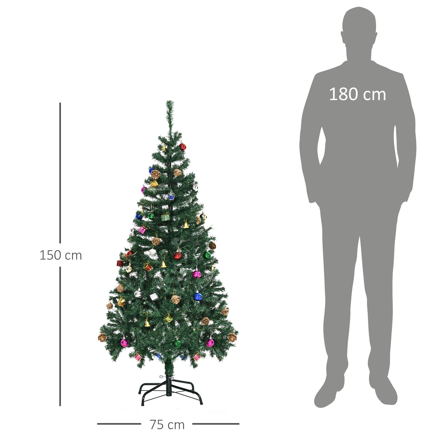 HOMCOM Árvore de Natal Artificial 150cm Ignífugo com 420 Ramos 48 Decorações Folhas de PVC e Suporte Metálico Decoração de Natal para Interior Verde