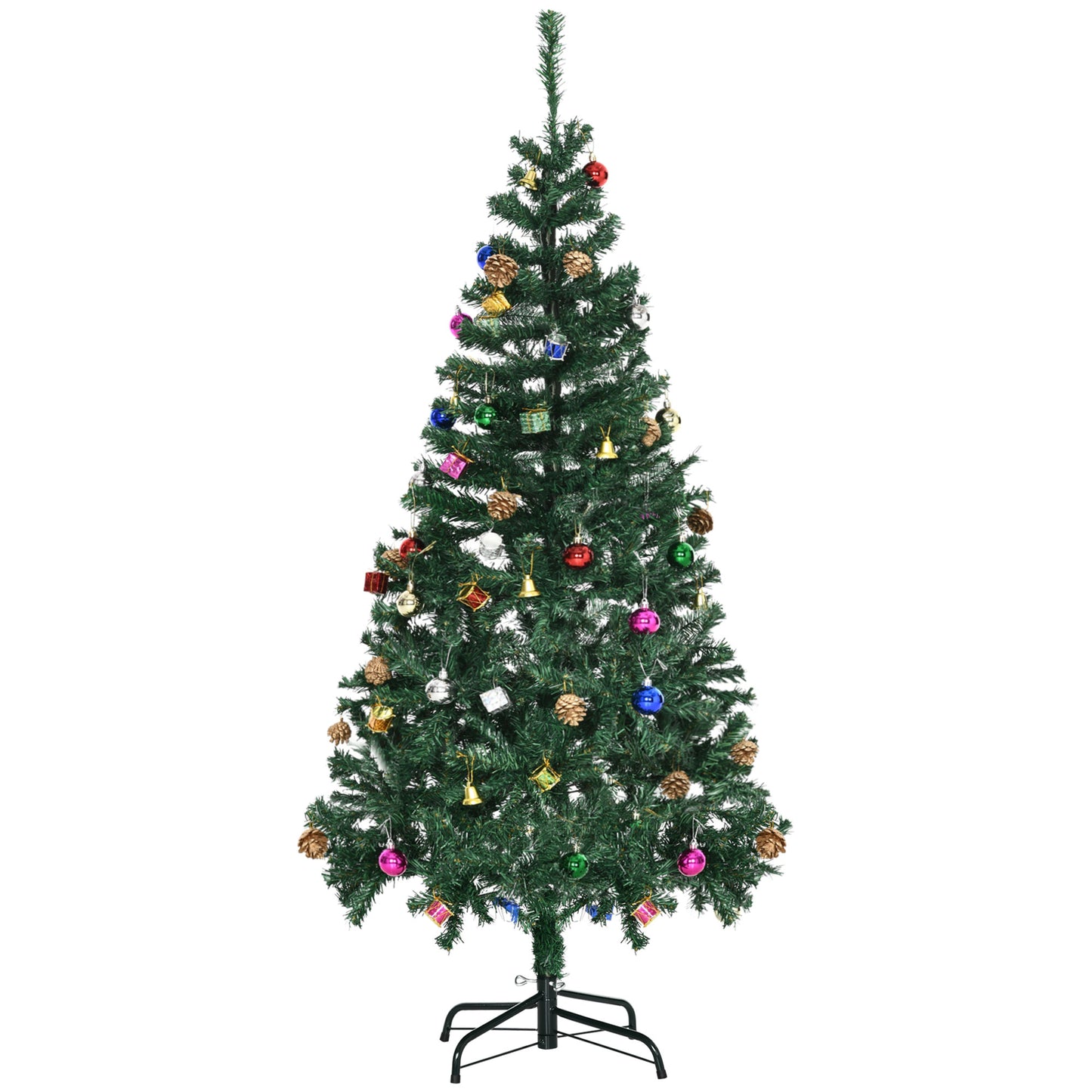 HOMCOM Árvore de Natal Artificial 150cm Ignífugo com 420 Ramos 48 Decorações Folhas de PVC e Suporte Metálico Decoração de Natal para Interior Verde