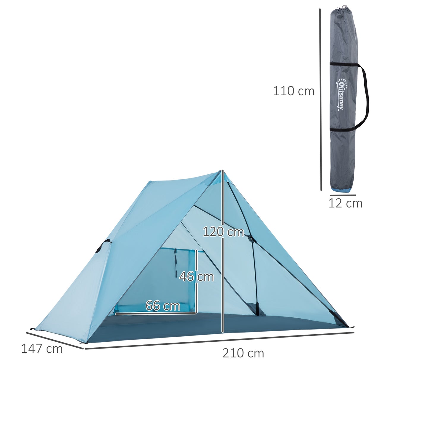 Outsunny Tenda de Praia Dobrável para 2-3 Pessoas Anti UV 50+ Tenda Pop Up com Janela e Bolsa de Transporte para Jardim Campismo Viagens 210x147x120cm Azul