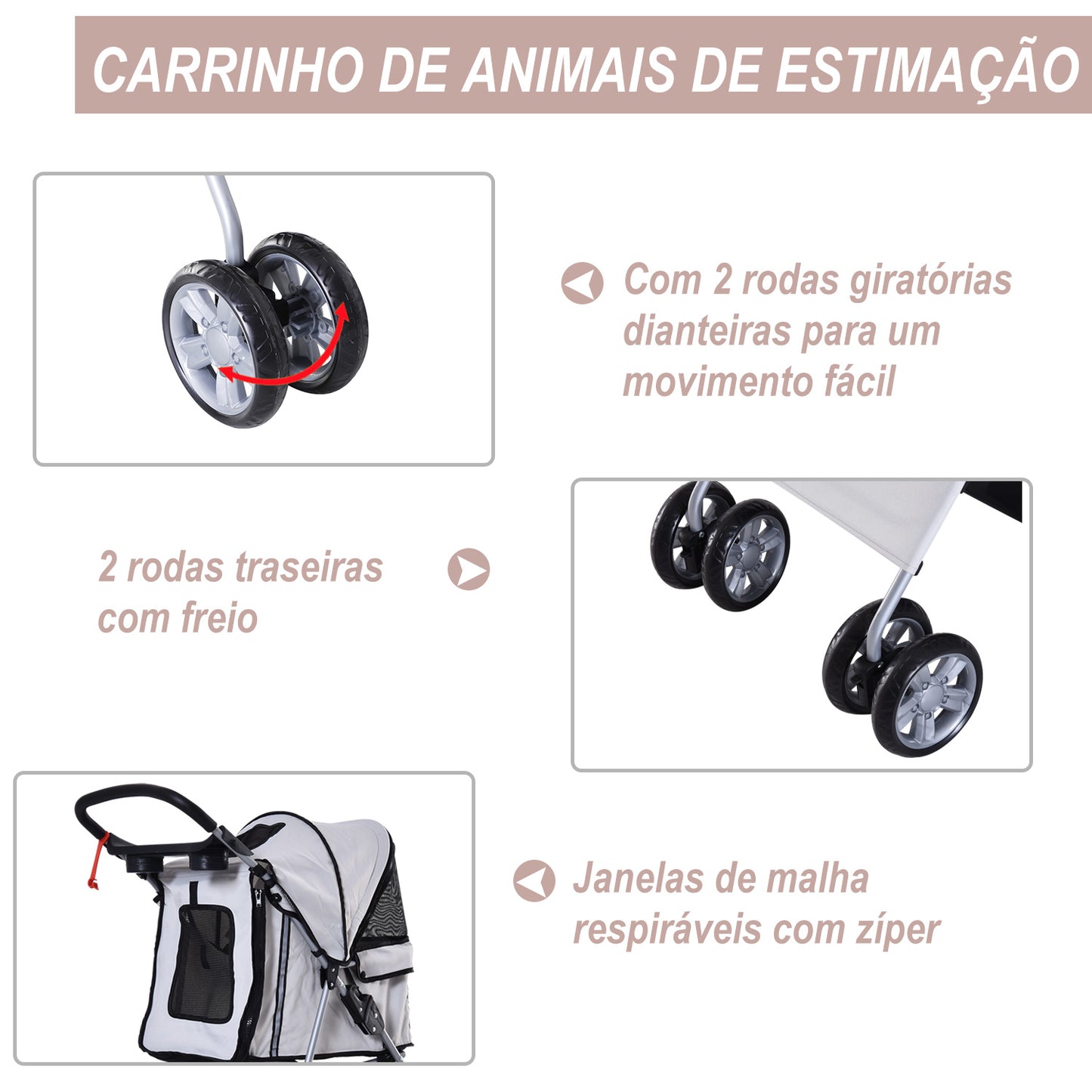 PawHut Carrinho de Passeio para Animais de Estimação Carrinho para Cães e Gatos Dobrável com Capô Ajustável Cesta de Armazenamento Suporte para Copos e Travão 75x45x97cm Cinza