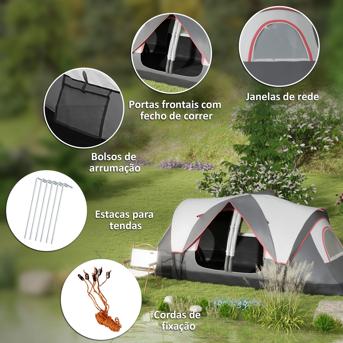 Outsunny Tenda de Campismo Familiar para 6-8 Pessoas Tenda de Campismo Dobrável com 2 Quartos e Bolsa de Transporte Impermeável para Trekking 450x215x180 cm Cinza