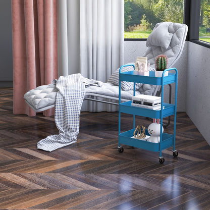 HOMCOM Carrinho Auxiliar de 3 Níveis com Rodas Carrinho de Armazenamento Deslizante com 3 Prateleiras 4 Rodas e 2 Travões para Cozinha Sala 45x30.6x79 cm Azul Escuro