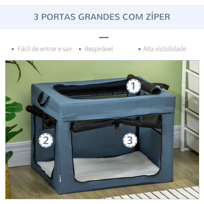 PawHut Transportadora para Cães e Gatos Bolsa Portátil e Dobrável para Animais de Estimação Transportadora com 3 Portas e Almofada Suave 69x51x51cm Azul