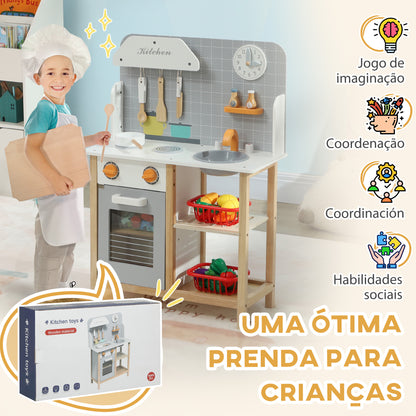 AIYAPLAY Cozinha de Brinquedo para Crianças acima de 3 Anos Cozinha Infantil de Madeira com Sons Fogão Forno Lavatório e Acessórios de Cozinha 57x26x82 cm Multicor