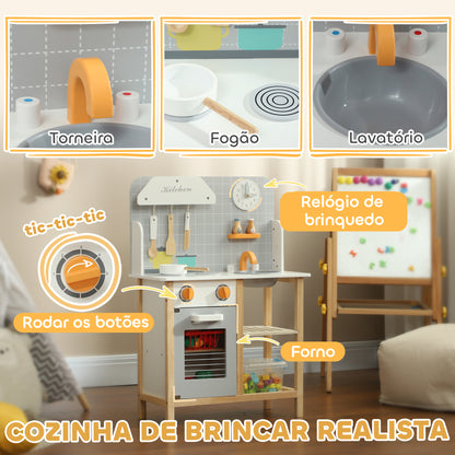 AIYAPLAY Cozinha de Brinquedo para Crianças acima de 3 Anos Cozinha Infantil de Madeira com Sons Fogão Forno Lavatório e Acessórios de Cozinha 57x26x82 cm Multicor